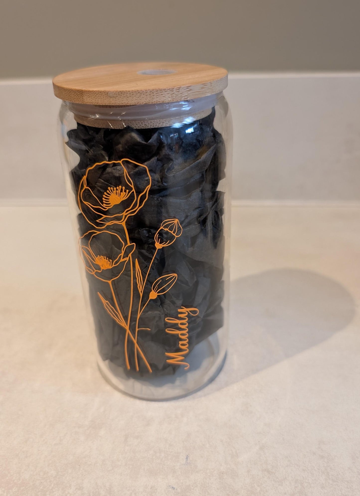 Bridesmaid & Flower Girl Glass Cup with Bamboo Lid & Straw - Custom Wedding Party Tumbler - Hen Do Gift or Favour