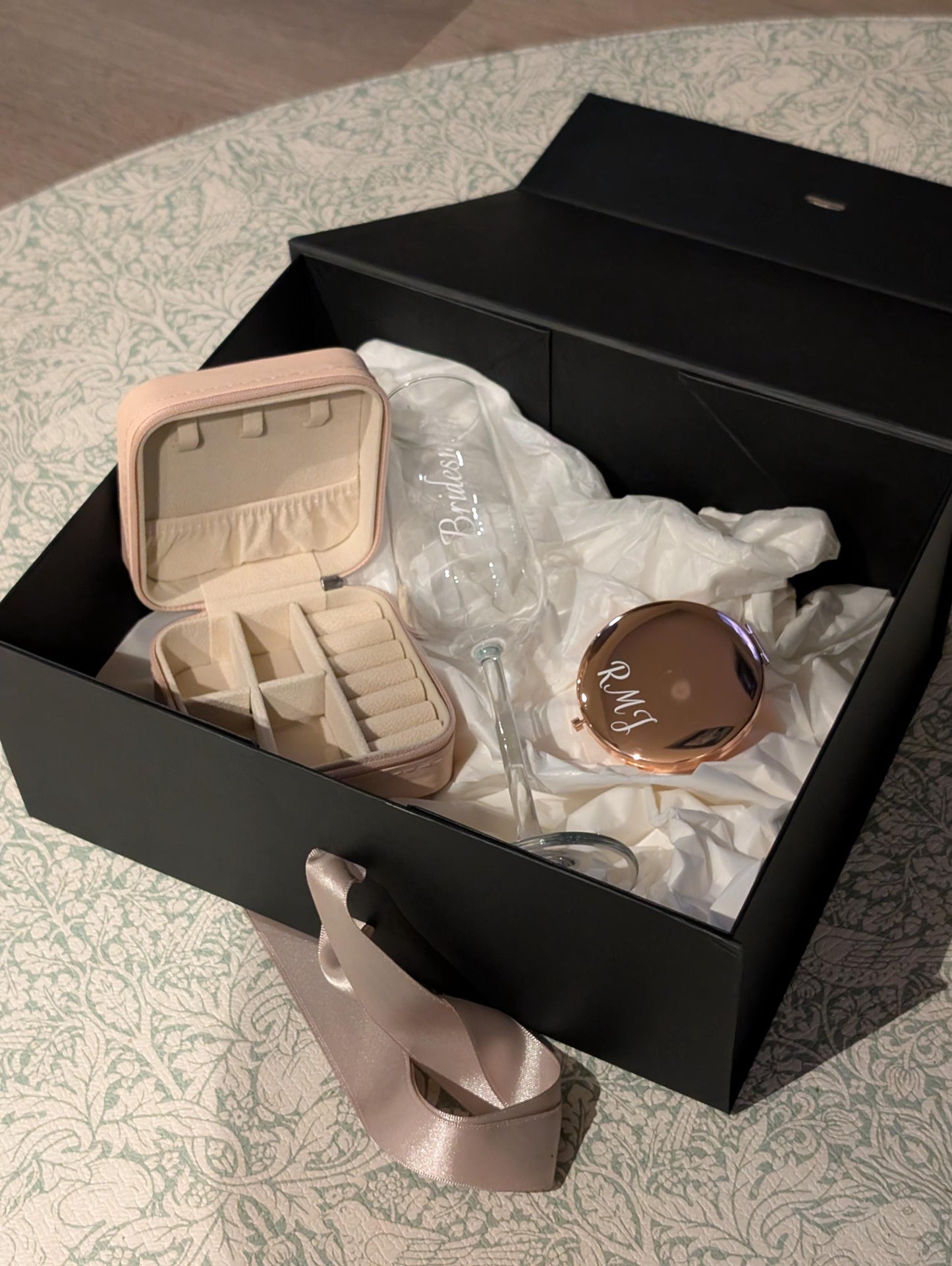Luxury Curated Bridesmaid Gift Box – Wedding Day Emergency Kit with Mirror, Champagne Glass & Keyring