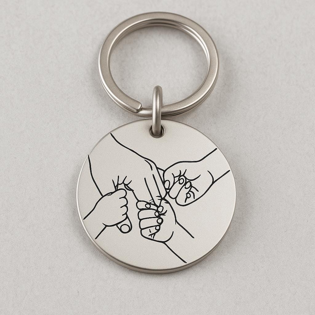 Family Hand Line Art Keyring - Custom Engraved 30mm Stainless Steel Keepsake for Dad, Mum or Grandparent