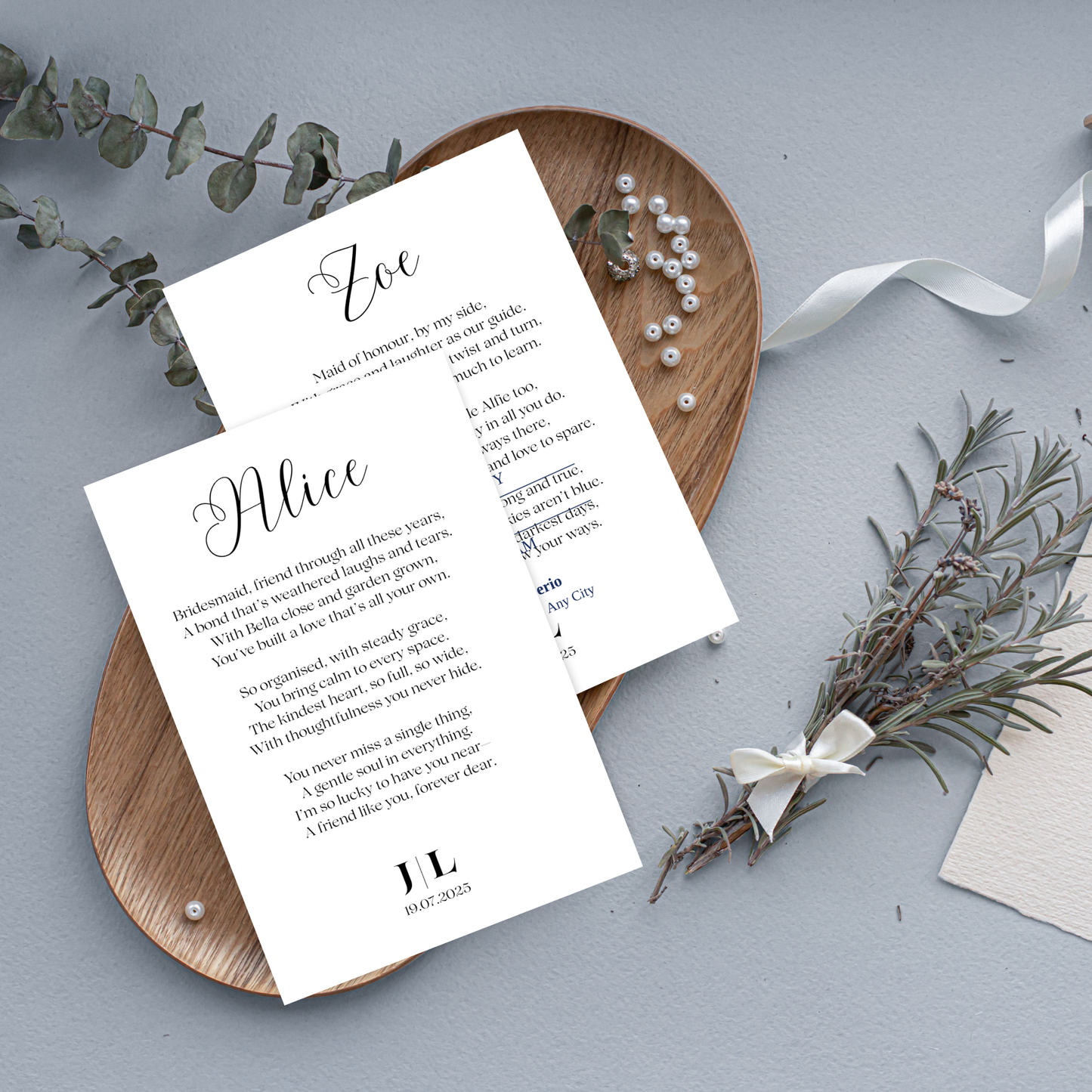Individually Tailored Poem Place Cards – Custom Wedding Table Name Cards with Guest Names & Ribbon