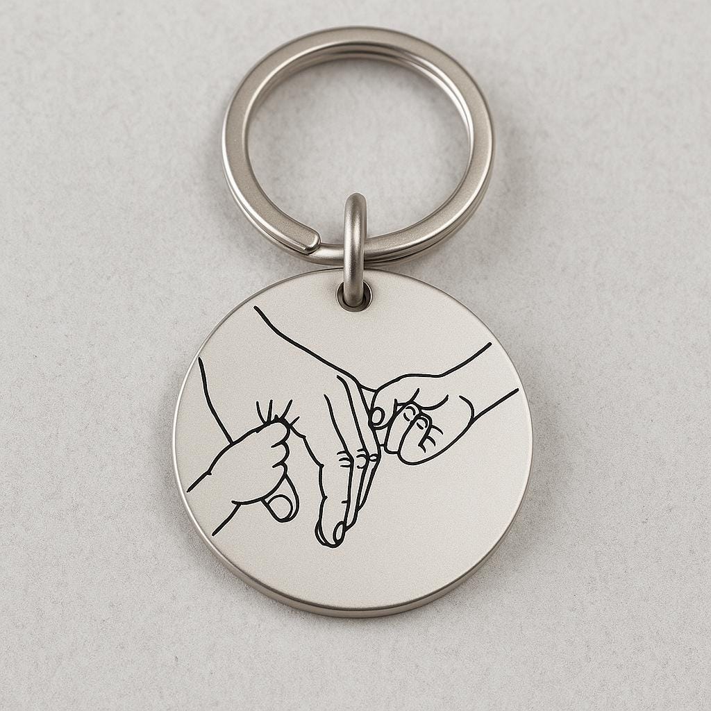 Family Hand Line Art Keyring - Custom Engraved 30mm Stainless Steel Keepsake for Dad, Mum or Grandparent