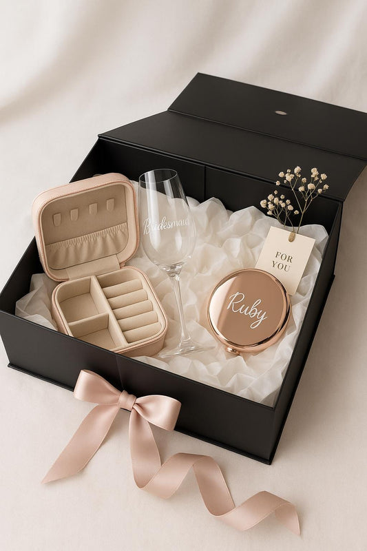 Luxury Curated Bridesmaid Gift Box – Wedding Day Emergency Kit with Mirror, Champagne Glass & Keyring
