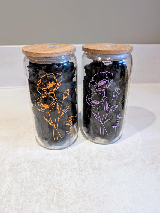 Bridesmaid & Flower Girl Glass Cup with Bamboo Lid & Straw - Custom Wedding Party Tumbler - Hen Do Gift or Favour